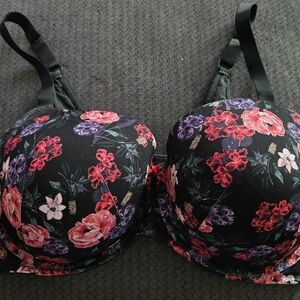 Cacique Black Floral Padded Underwire Bra with Red & Purple Blooms